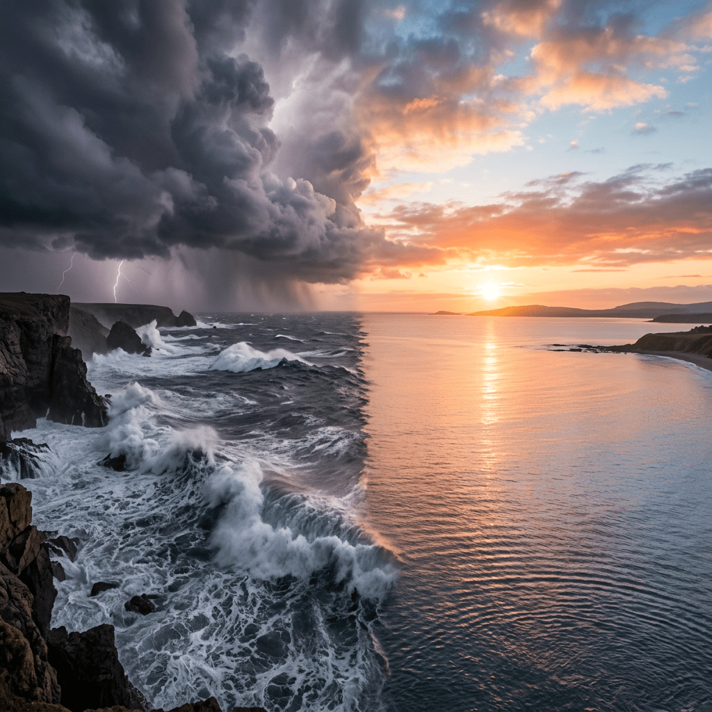 Ocean coastline split between storm with lightning and calm sunset view