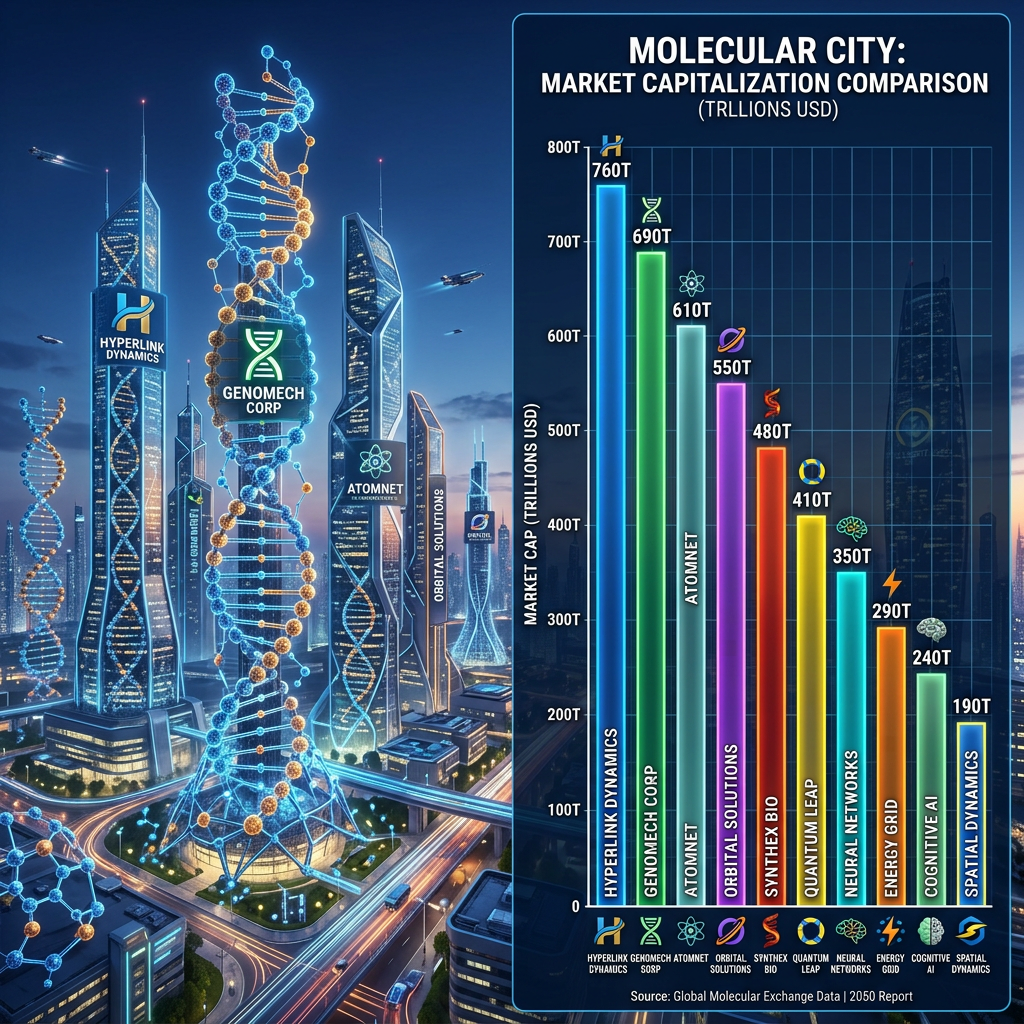 Bar chart comparing market capitalizations of molecular technology companies alongside a futuristic city with DNA-inspired skyscrapers.