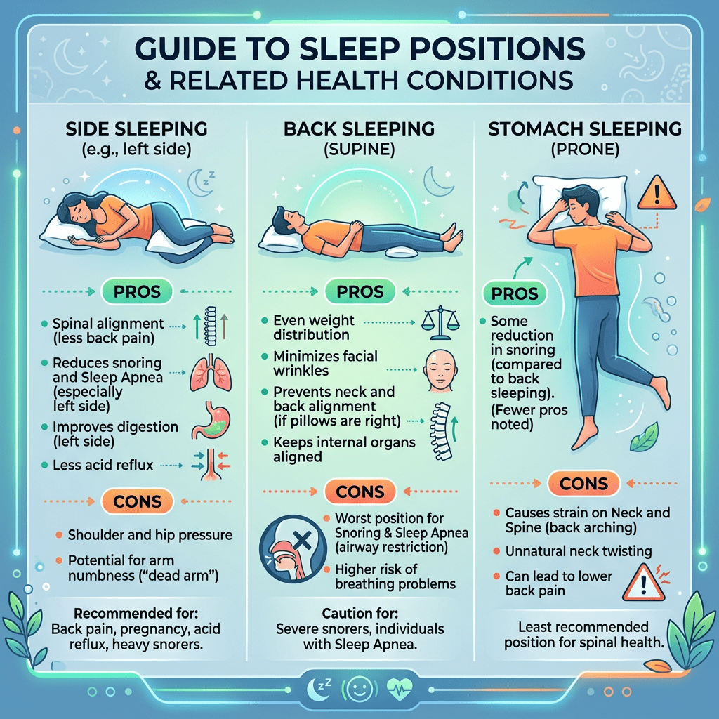 Comparison of side, back, and stomach sleeping positions with related health pros and cons