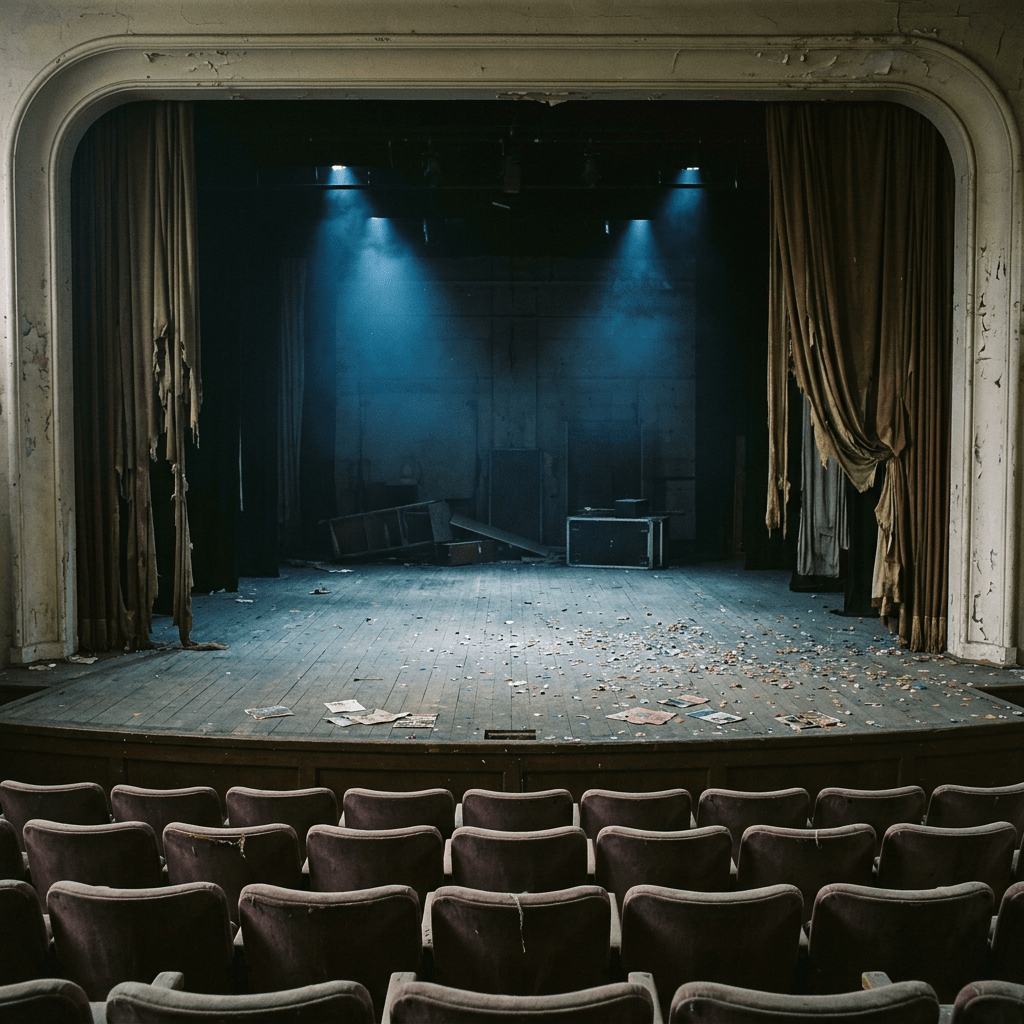 Empty old theater stage with torn curtains, scattered papers, and blue spotlights
