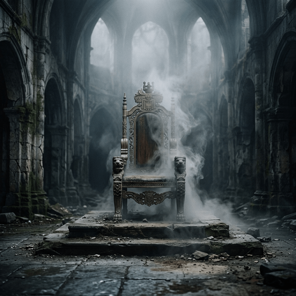 Ornate throne covered in mist inside ancient dilapidated stone building