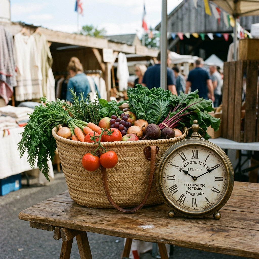 Basket of fresh vegetables and fruits with a vintage clock at a farmers market